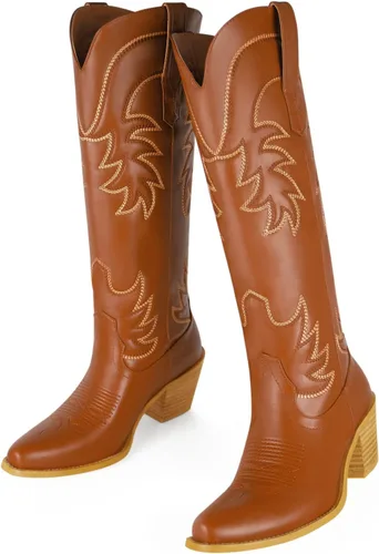 Miniatura 5 de Botas vaqueras bordadas para mujer, botas vaqueras de media pantorrilla, punta puntiaguda, tacón grueso, 2.0 in, diseño de moda, botas occidentales
