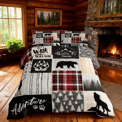 Miniatura 3 de Juego de edredón tamaño Queen con diseño de astas de ciervo, juego de ropa de cama con motivos de patas de oso, árboles de pino y Navidad
