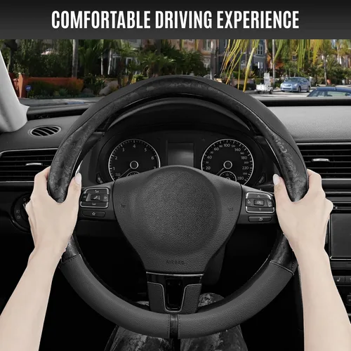 Miniatura 5 de PIC AUTO Funda para volante, diseño de retazos de cuero estampado negro, ajuste universal de 14.5 a 15.5 pulgadas, antideslizante, sin olor, piel