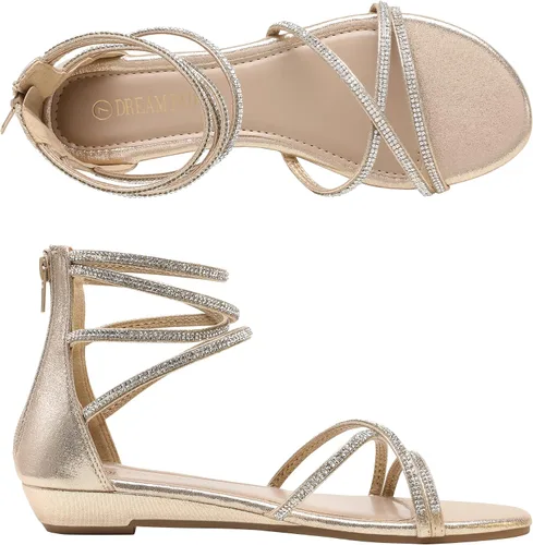 Miniatura 2 de DREAM PAIRS - Sandalias de cuña baja para mujer, con correa al tobillo y diamantes de imitación