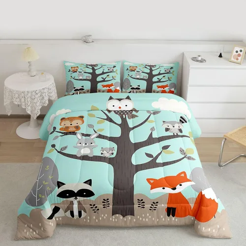 Miniatura 2 de Juego de ropa de cama de animales lindos para niños y niñas, guardería, caricaturas, mapache, búho, zorro, juego de edredón para todas