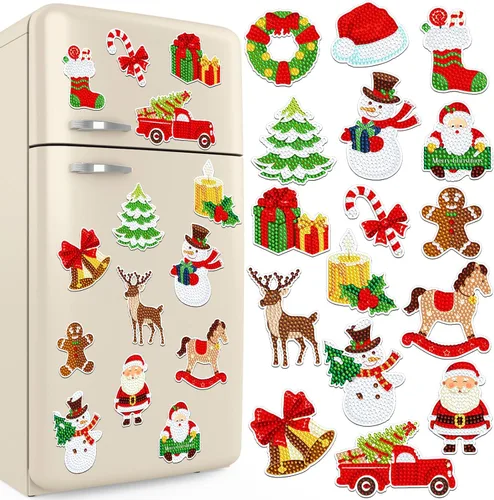 Umigy Juego de 16 imanes de arte de diamantes de Navidad para refrigerador, muñeco de nieve, Papá Noel, ciervo, pintura de diamante, imanes de