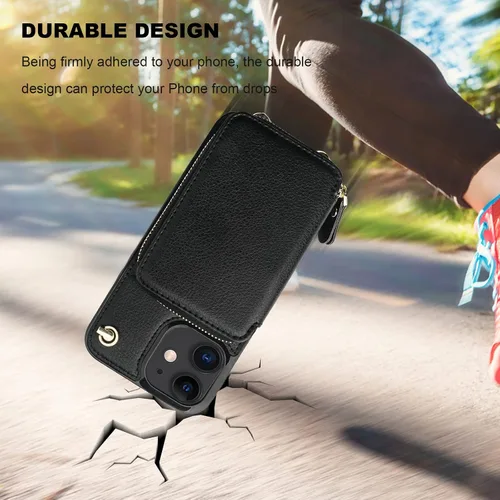 Miniatura 8 de Bocasal Funda tipo cartera cruzada para iPhone 12/12 Pro, funda de piel con bloqueo RFID y soporte para tarjetas, funda protectora con cremallera