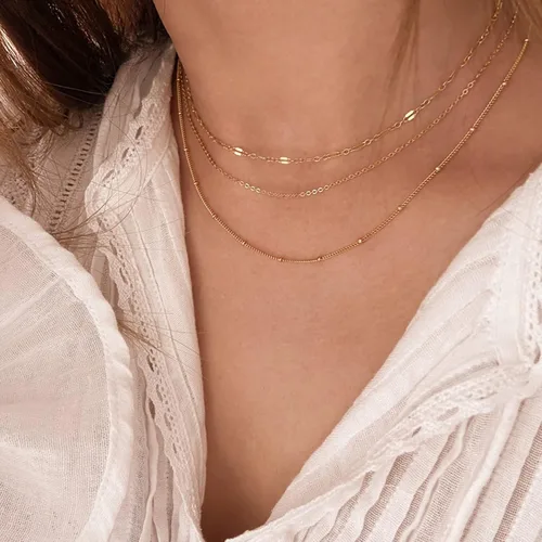 Miniatura 4 de Tewiky Collar de cadena de oro para mujer, chapado en oro de 14 quilates, collar de cadena de caja de ondas con cuentas finas, collar de oro