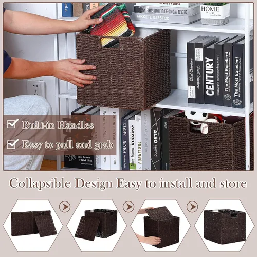 Miniatura 3 de Panelee Paquete de 6 cestas de mimbre plegables de mimbre tejidas a mano, cuerda de sauce de 11 x 11 x 11 pulgadas, cubos cuadrados organizadores