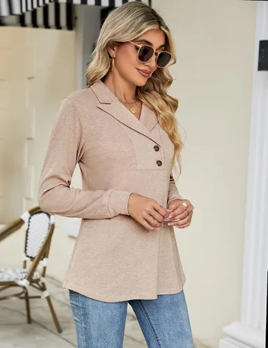 Miniatura 4 de Micoson Sudadera de manga larga con solapa y botones para mujer, cuello en V, casual, para negocios, sudadera con vuelo