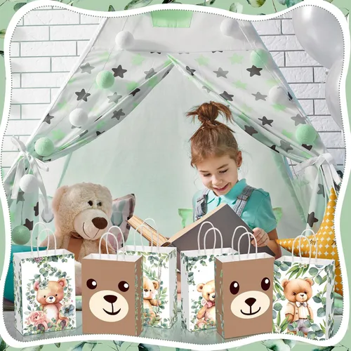 Miniatura 3 de Yeaqee - 24 bolsas de regalo de papel con asas para fiesta de oso lindo tema de oso con asas, bolsas de dulces para baby shower, fiestas de bosque