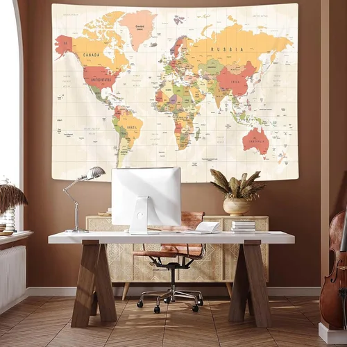 ICTEISOM Tapiz de mapa del mundo para niños estudiantes, mapa del mundo con países y ciudades principales, tapiz de arte de pared póster tapices