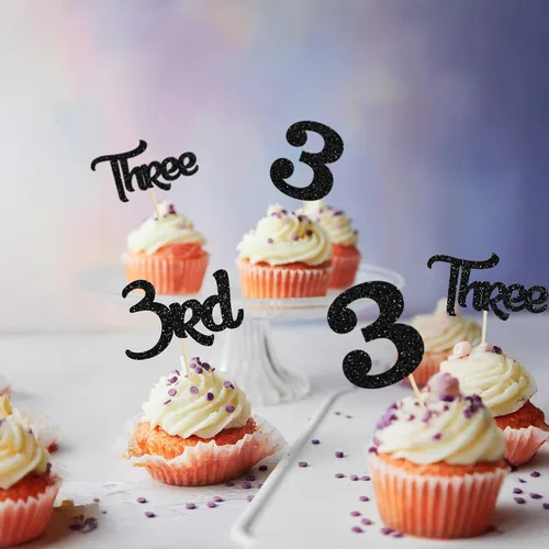 Miniatura 7 de 24 piezas de adornos para cupcakes de tercer cumpleaños, brillo, 3er cumpleaños, 3 piezas para baby shower, aniversario, decoración para pastel