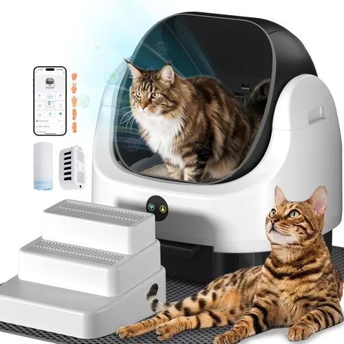 Miniatura 14 de Caja de arena autolimpiante, caja de arena automática para gatos de 76 litros con control de aplicación, bajo ruido, protección de seguridad, bolsas