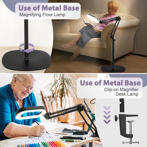 Miniatura 6 de Lupa grande 12X con luz y soporte, cristal real, 5 modos de color, lámpara de pie LED regulable sin escalones, brazo oscilante, 3 en 1, lupa