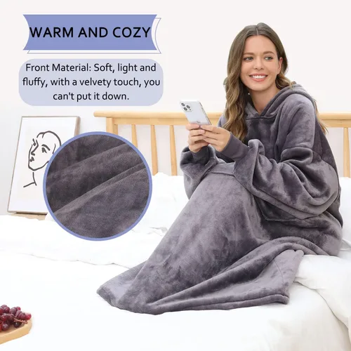 Miniatura 5 de FUSSEDA - Sudadera con manta portátil de gran tamaño, forro polar cálido y grueso con capucha sherpa acogedora con bolsillos y mangas. Regalo