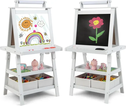 Costzon Caballete de arte para niños, caballete de pintura de doble cara 3 en 1 con pizarra blanca magnética, pizarra y rollo de papel, estante de