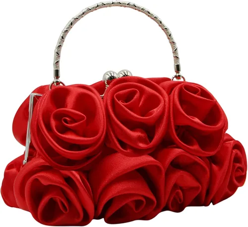 Miniatura 2 de RARITYUS Bolso de noche para mujer con forma de rosa de satén sedoso con elegante asa de metal para fiesta, boda