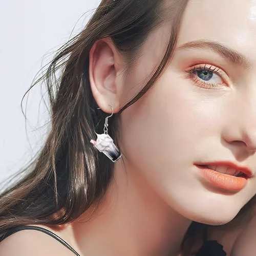 Miniatura 2 de Holibanna Aretes Kawaii, 1 par de aretes de taza de helado, taza de té de perlas creativas, aretes colgantes de gota coloridos de simulación botella