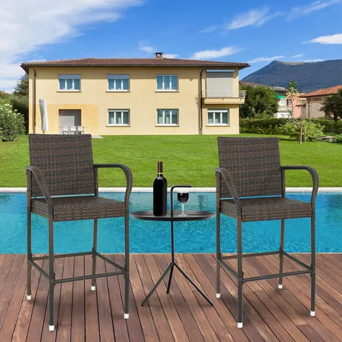 Miniatura 6 de LEMY Taburetes de bar para exteriores, juego de 2 sillas de mimbre para patio, muebles de ratán para interiores con reposabrazos para jardín