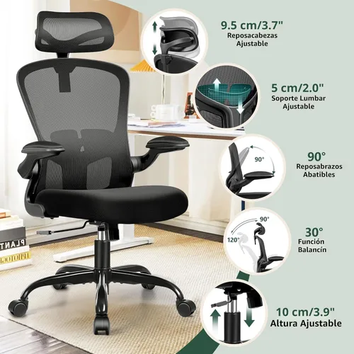 Miniatura 4 de FelixKing Silla de Oficina Ergonómica Silla de Escritorio con Reposacabezas, Silla de Escritorio de Respaldo Alto con Soporte Lumbar Ajustable y Gris