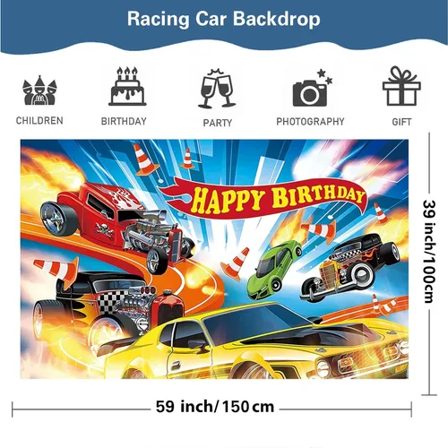 Miniatura 3 de Decoraciones de fiesta de coche de carreras calientes Juego de suministros de cumpleaños con cubierta de mesa de plástico (42.5 x 70.8 pulgadas)