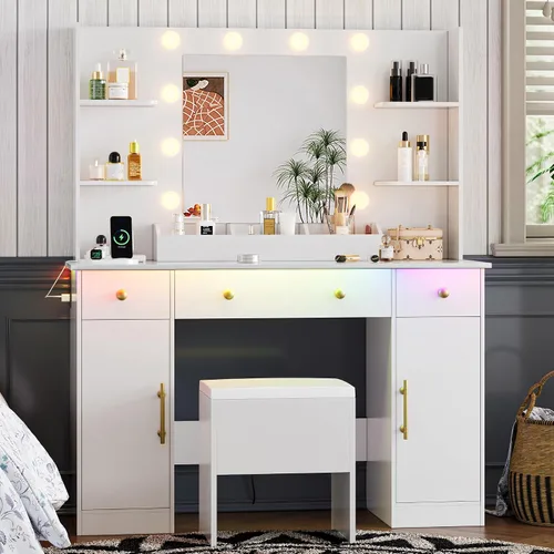 Miniatura 6 de Xixini - Escritorio de tocador con espejo y luces, juego de mesa de maquillaje de 109 cm de ancho en color blanco con 5 cajones y silla, toma