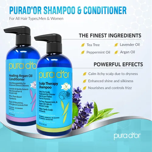 Miniatura 3 de PURA D'OR Champú y acondicionador curativo para terapia del cuero cabelludo para cabello seco y nutre con terapia de árbol de té y cuero cabelludo