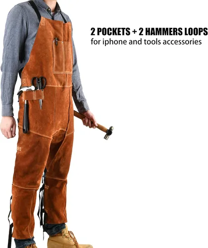 Miniatura 9 de Delantal de pierna dividida de cuero con mangas de soldadura, protección contra calor y llamas, ajustable de M a XXXL para hombres y mujeres, 24 x