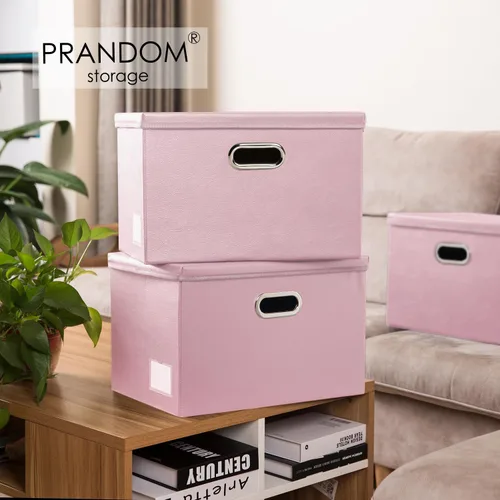 Miniatura 2 de PRANDOM Contenedores plegables de almacenamiento con tapas [paquete de 5] cajas de almacenamiento plegables de tela de cuero, canastas organizadoras