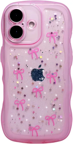 Miniatura 128 de Qokey Funda para iPhone 12 Pro Max de 6.7 pulgadas, diseño de onda rizada, borde transparente, brillante con purpurina, estrella brillante, bonita