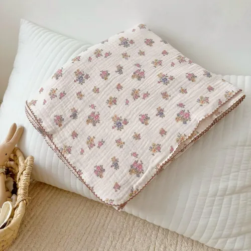 Miniatura 26 de BuLuTu Manta de 4 capas para niños pequeños, 100% algodón muselina, mantas de cama para niños, niñas, niños, con bonito patrón de flores de hibisco