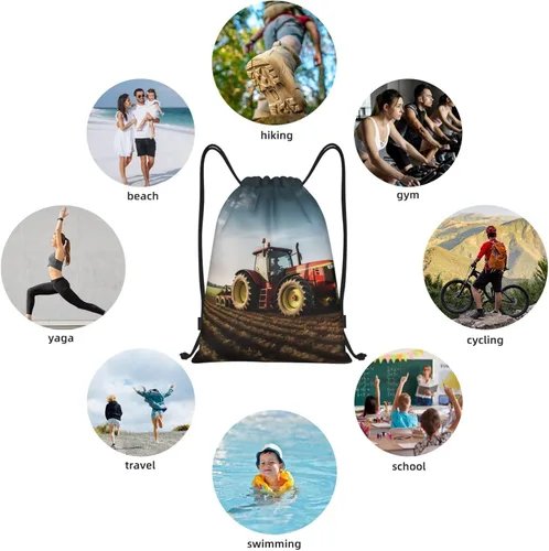 Miniatura 7 de VACSAX Mochila con cordón Deportes Resistente al Agua Bolsa de Cuerda Tractor Granja Imprimir Gimnasio DrawString Mochilas, Negro