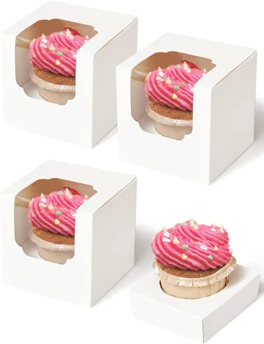 Miniatura 15 de Happyhiram Cajas para cupcakes, 50 unidades, color blanco, individual, soportes de cartón con inserto y ventana para magdalenas, bombas de cacao