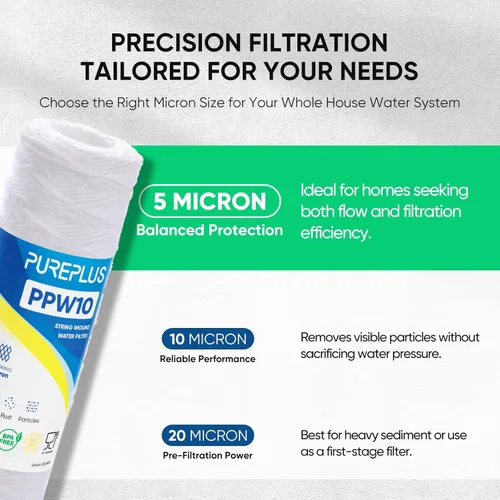 Miniatura 2 de PUREPLUS Filtro de sedimentos para heridas de cuerda para toda la casa de 5 micrones de 10 x 2.5 pulgadas para agua de pozo, cartucho de repuesto