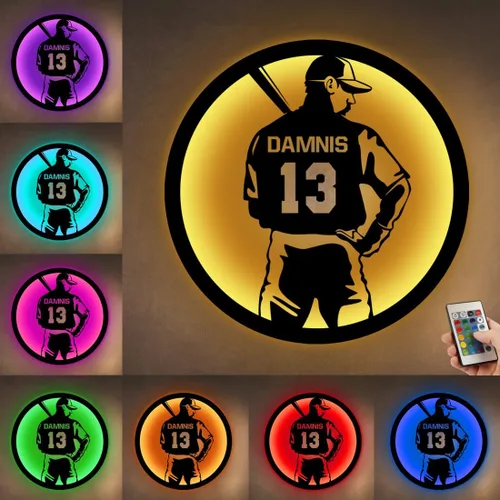 Miniatura 12 de Letrero de metal personalizado para jugador de béisbol con luz LED, nombre y número personalizado, arte de pared de béisbol, letrero de neón