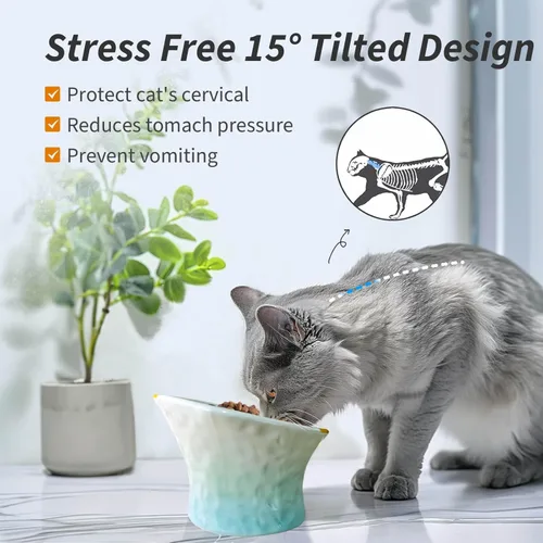 Miniatura 3 de Cuenco elevado de cerámica para gatos, poco profundo e inclinado, antivómitos y fatiga de bigotes, antideslizante, lindo cuenco de alimentación