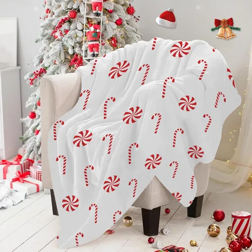 Miniatura 2 de Manta Navideña de Franela con Diseño de Bastón de Caramelo, Manta de Sofá Súper Suave y Cálida, Manta de Cama, Decoración Navideña de las Fiestas