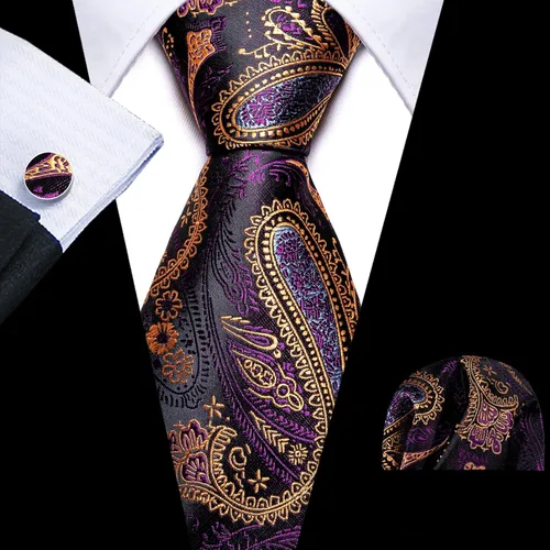 Miniatura 133 de Barry.Wang - Juego de corbata de seda para hombre, diseño de cachemira, pañuelo y gemelos de bolsillo