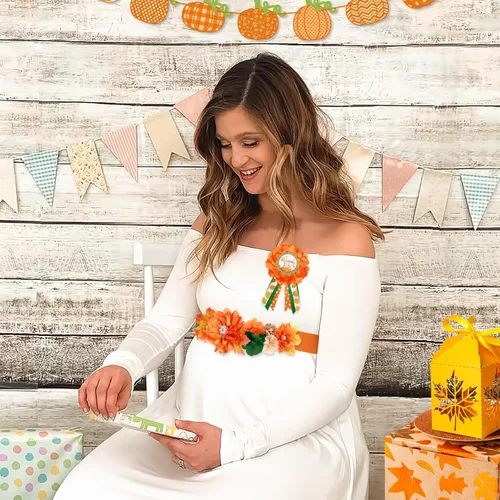 Miniatura 6 de Vansolinne Juego de fajas de maternidad de calabaza de otoño, ramillete de baby shower, banda y alfileres de calabaza, revelación de género