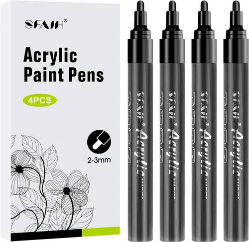 SFAIH Plumones de pintura negros - Juego de 4 marcadores acrílicos de punta media de 2-3 mm para pintar sobre rocas, letras en negrita, elaboración