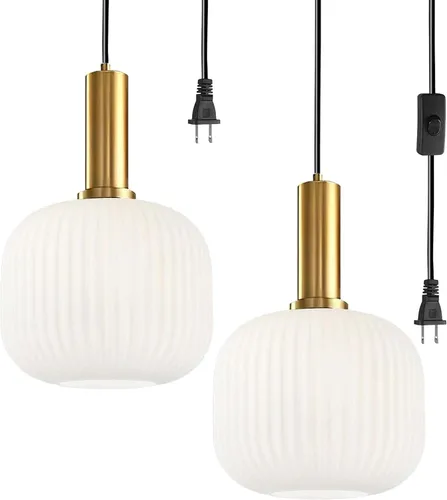 Miniatura 20 de Moderna lámpara colgante con enchufe de mediados de siglo, lámpara colgante de vidrio lechoso, lámpara colgante enchufable con luz de techo