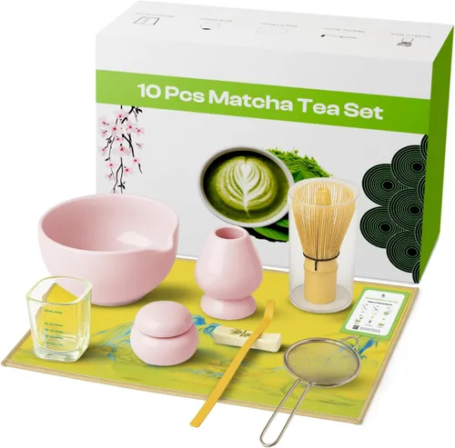 Miniatura 8 de Juego de 10 batidores Matcha Kit completo de té Matcha con cuenco de cerámica de 17 onzas, batidor y cuchara de bambú, soporte para batidor, tamiz