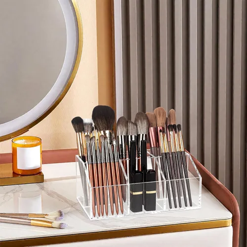 Miniatura 4 de Organizador de brochas de maquillaje transparente de acrílico con 6 ranuras para cosméticos, organizador de almacenamiento para encimera de tocador