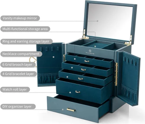 Miniatura 3 de Vlando Joyero grande, cajas de joyería y organizadores de 6 niveles, estuche de almacenamiento de joyas con espejo con 5 cajones, reloj de piel