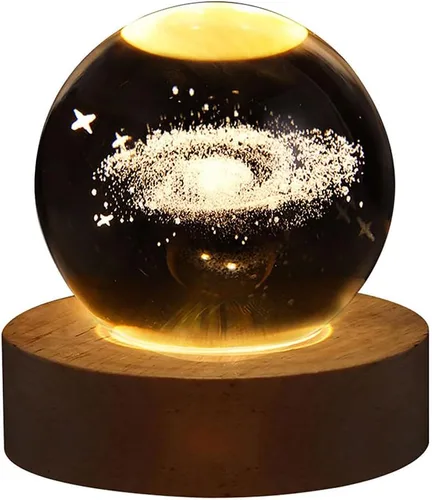 Miniatura 12 de Luz nocturna LED de bola de cristal, sistema de la Vía Láctea, lámpara de noche de cristal grabada en 3D con base de madera, carga USB