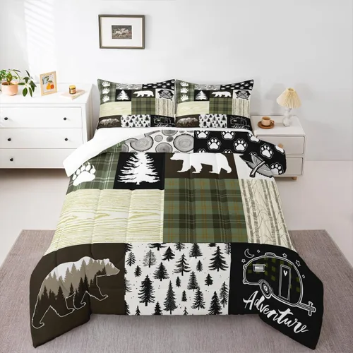 Miniatura 189 de Juego de edredón de cuernos de ciervo tamaño individual, juego de ropa de cama rústica de granja con huellas de oso y pinos para decoración