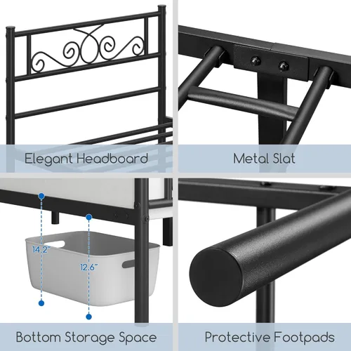 Miniatura 5 de Yaheetech - Base de cama, plataforma clásica de metal con cabecera y estribo - base de colchón con diseño floral para adultos, niñas, niños - Negro