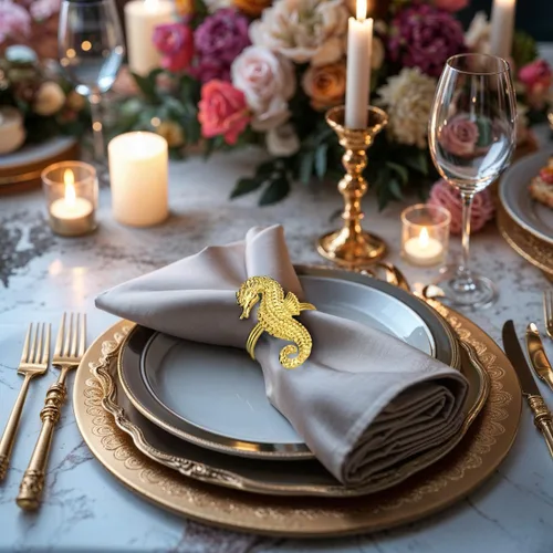 Miniatura 6 de Decozen Juego de 4 servilleteros dorados con diseño de caballo de mar, festivo, decoración de mesa para vacaciones, bodas, cumpleaños, cocina