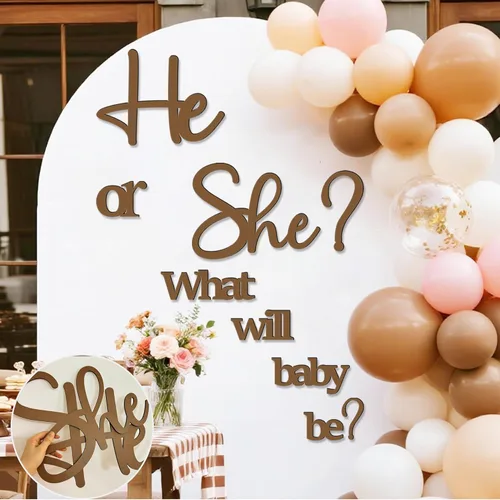 Miniatura 4 de Grandes calcomanías de revelación de género para telón de fondo, señal de baby shower de madera, ¿él o ella? ¿Qué será el bebé? Arco de globos