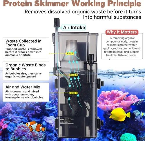 Miniatura 3 de AQQA Skimmer de proteína para acuario para tanque de peces de agua salada Nano Surface Skimmer Bomba de filtro 79GPH ultra silencioso para tanque
