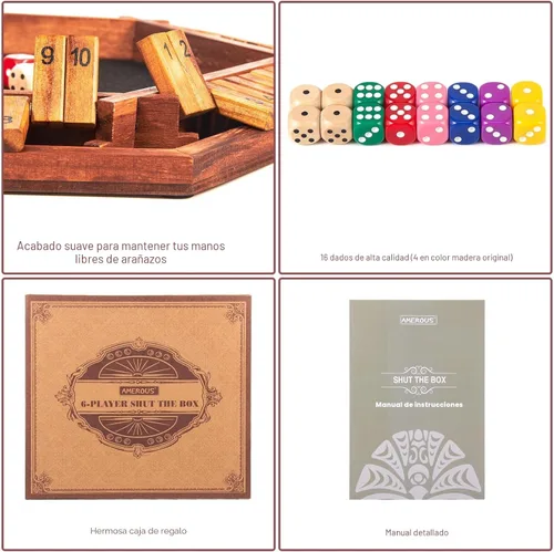 Miniatura 5 de AMEROUS - Juego mejorado de dados "Shut The Box" para 1-6 jugadores, juego de mesa de madera para matemáticas con 16 dados para niños, adultos