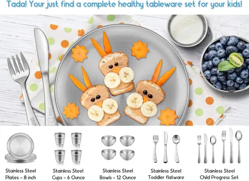 Miniatura 7 de E-far - Juego de cubiertos de 12 piezas para niños, cubiertos martillados de acero inoxidable para niños pequeños, vajilla de dieta para adultos