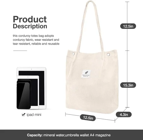 Miniatura 2 de Bolsas de pana para mujer, bolsa de pana de gran capacidad, reutilizable, con bolsillos interiores